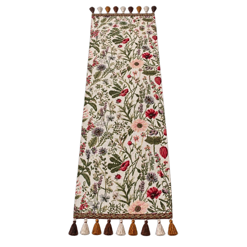 CAMINO DE MESA ARMONIA 864 DISEÑO FLORAL CON BORLAS BEIGE - 9