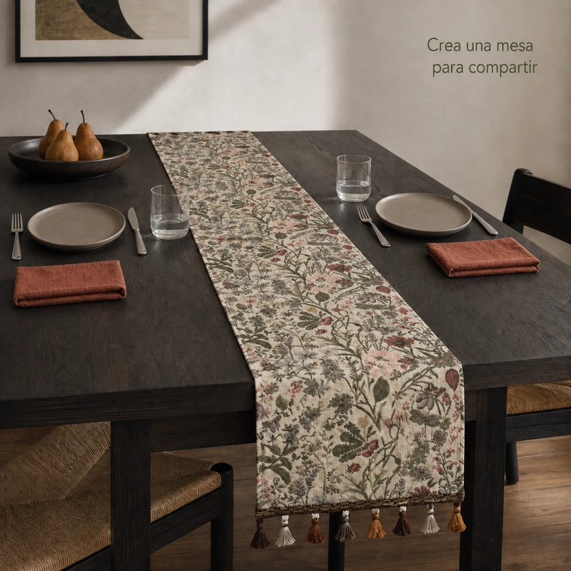 CAMINO DE MESA LAVABLE ARMONIA 864 CON BORLAS FLORAL BEIGE - 2