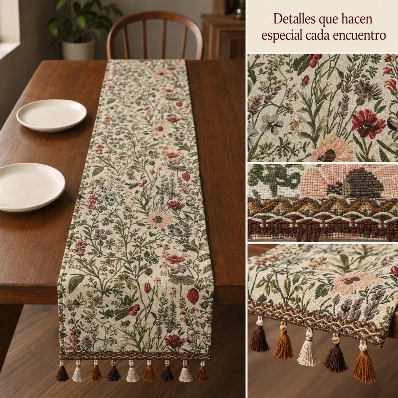 CAMINO DE MESA LAVABLE ARMONIA 864 CON BORLAS FLORAL BEIGE - 4