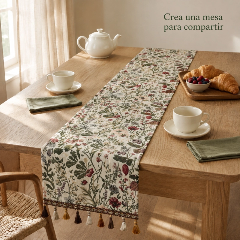 CAMINO DE MESA LAVABLE ARMONIA 864 CON BORLAS FLORAL BEIGE - 6