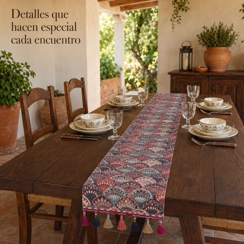 CAMINO DE MESA CLASICO CON BORLAS DISEÑO ABANICOS  865 CALIDAD PREMIUM - 1