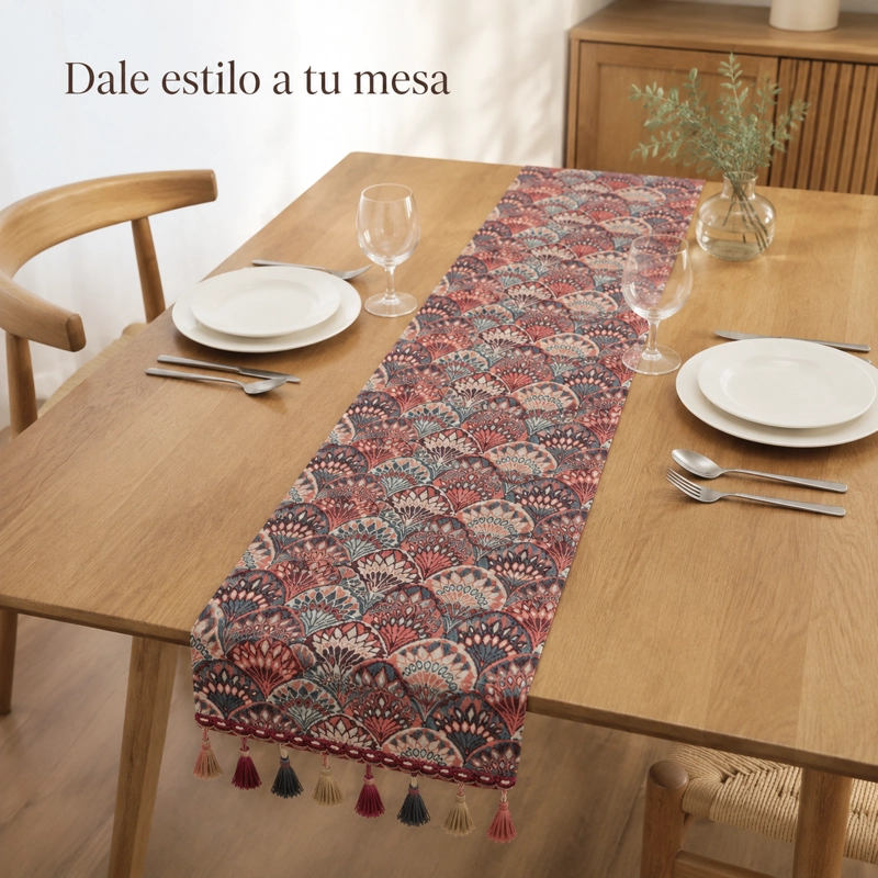 CAMINO DE MESA CLASICO CON BORLAS DISEÑO ABANICOS  865 CALIDAD PREMIUM - 6