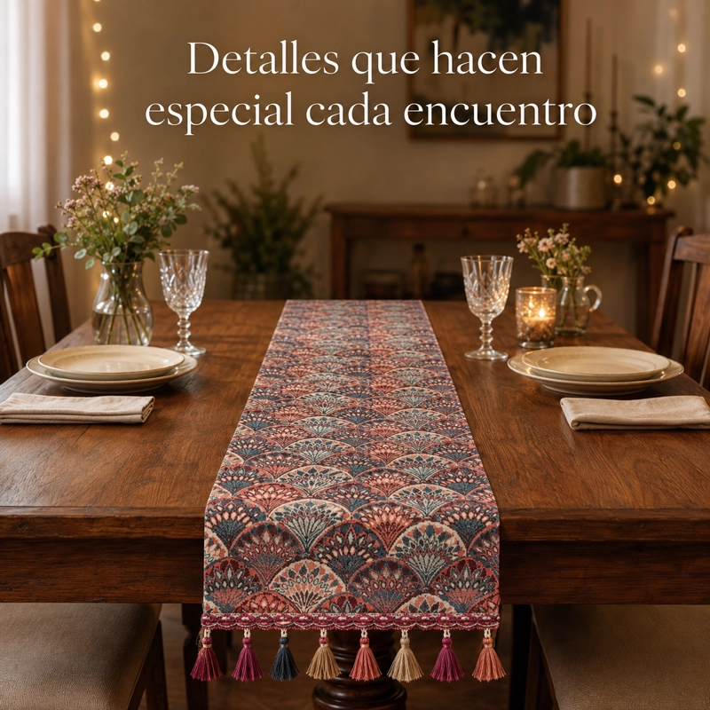 CAMINO DE MESA CLASICO CON BORLAS DISEÑO ABANICOS  865 ESTILO UNICO - 6
