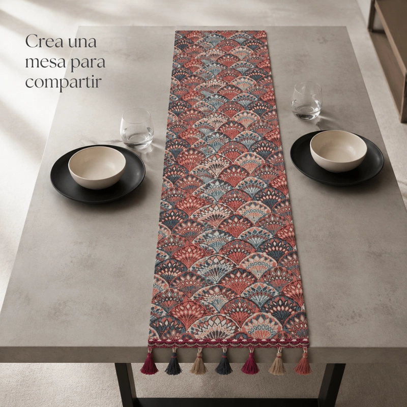 CAMINO DE MESA CLASICO CON BORLAS DISEÑO ABANICOS  865 DISEÑO MODERNO - 2