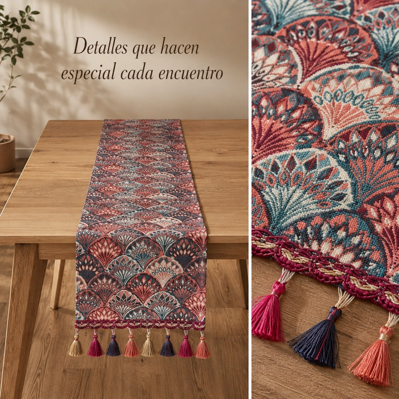 CAMINO DE MESA CLASICO CON BORLAS DISEÑO ABANICOS  865 ELEGANTE - 3