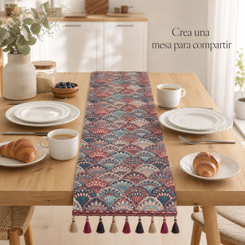 CAMINO DE MESA CLASICO CON BORLAS DISEÑO ABANICOS  865 ELEGANTE - 5