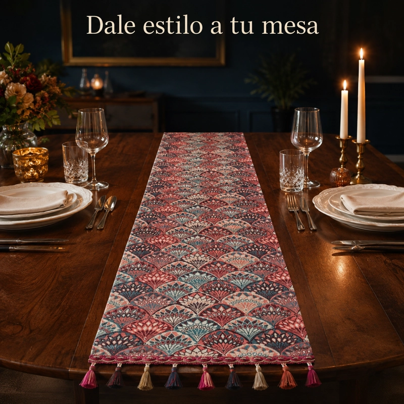 CAMINO DE MESA CLASICO CON BORLAS DISEÑO ABANICOS  865 ELEGANTE - 7