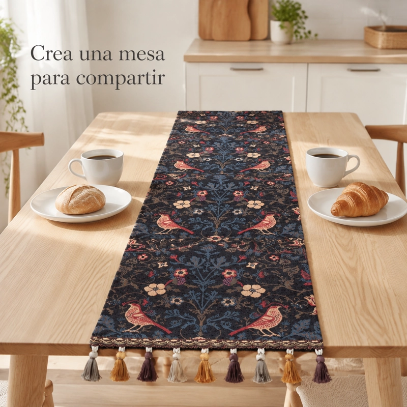 CAMINO DE MESA ARMONIA MODELO 866 ESTAMPADO FLORAL AVES AZUL - 3