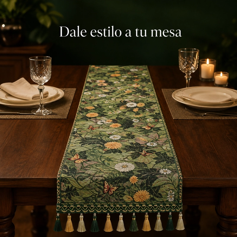 CAMINO DE MESA VERDE DE POLIE STER CON BORLAS DISEÑO FLORAL 867 - 1