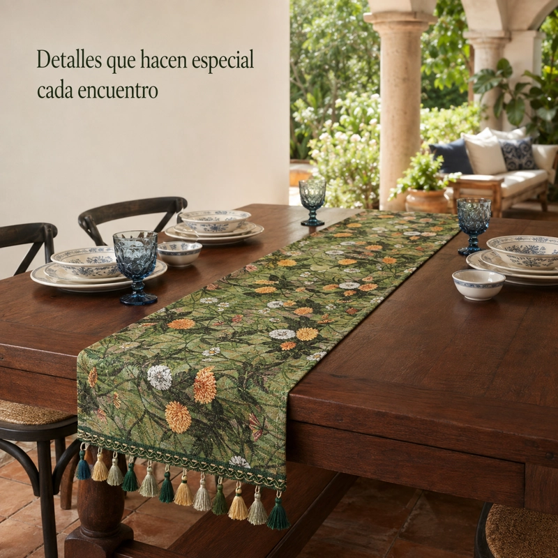 CAMINO DE MESA VERDE DE POLIE STER CON BORLAS DISEÑO FLORAL 867 - 7
