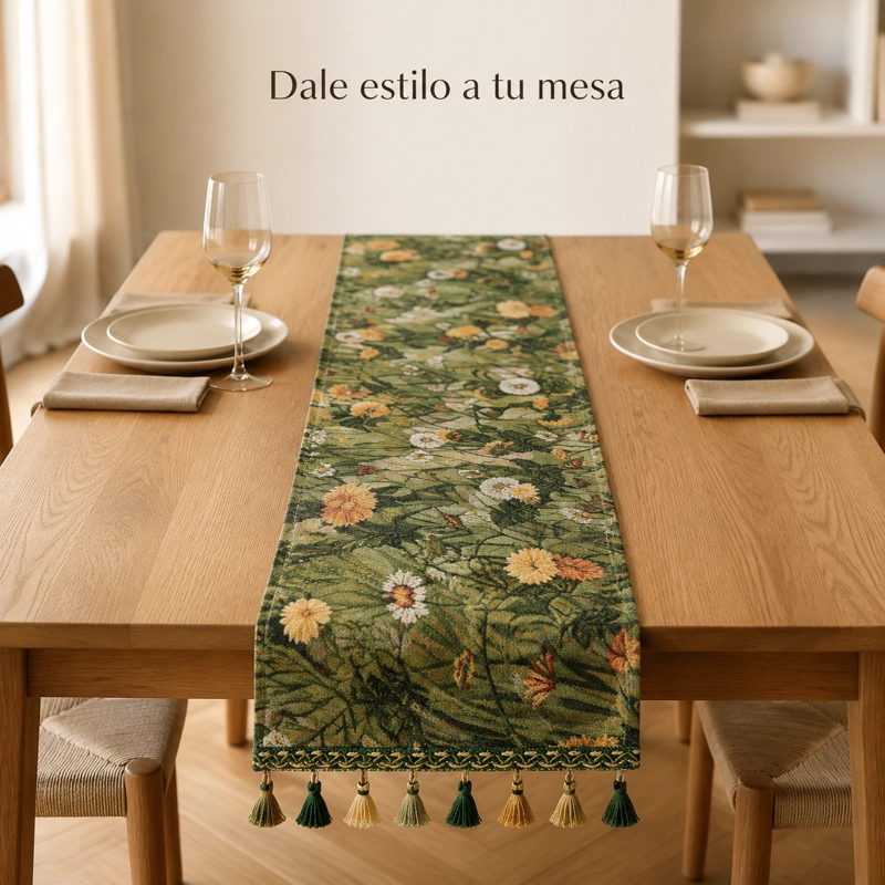 CAMINO DE MESA VERDE FLORAL CON BORLAS ARMONIA 867 - 1