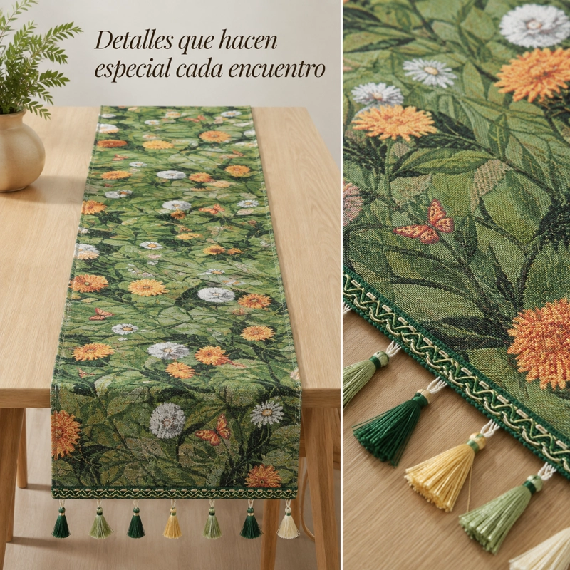 CAMINO DE MESA VERDE FLORAL CON BORLAS ARMONIA 867 - 7