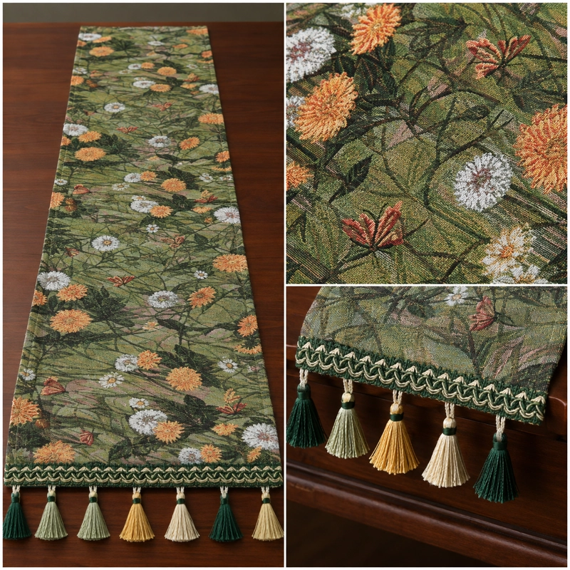 CAMINO DE MESA CON BORLAS DISEÑO FLORAL VERDE RECTANGULAR 867 - 8