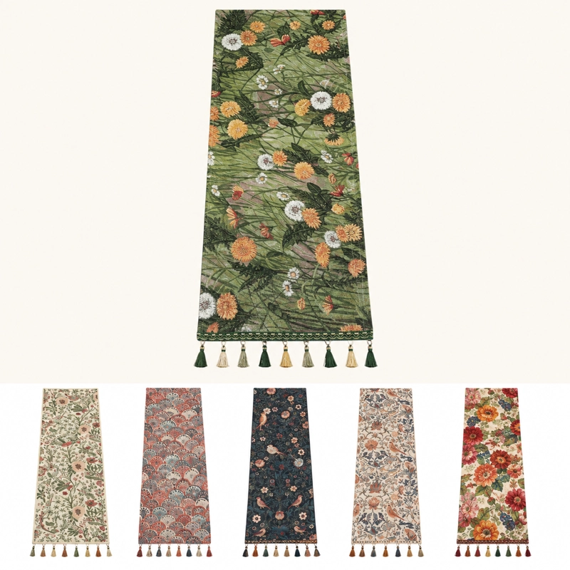 CAMINO DE MESA ARMONIA MODELO 867 VERDE FLORAL CON BORLAS - 10