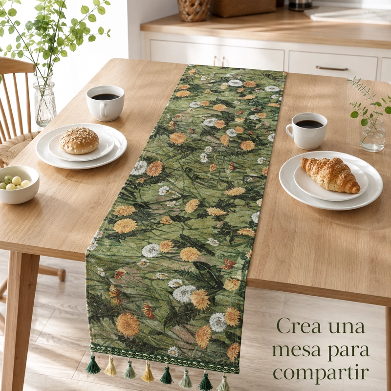 CAMINO DE MESA ARMONIA MODELO 867 VERDE FLORAL CON BORLAS - 2