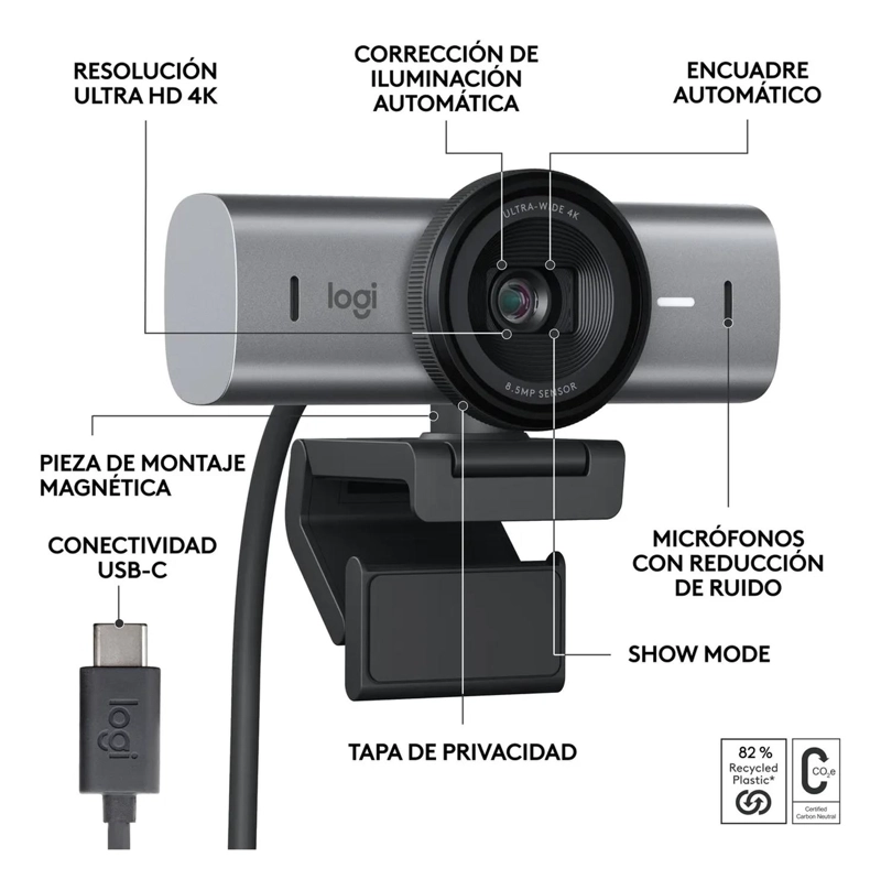 WEBCAM LOGITECH MX BRIO (4K, 8.5MP, MICROFONO, USB-C, GRIS) - 2