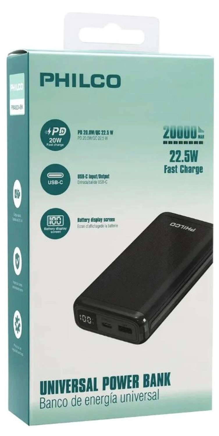 POWERBANK PHILCO 20.000MAH / PD 22.5W BLK / PMA8224BK