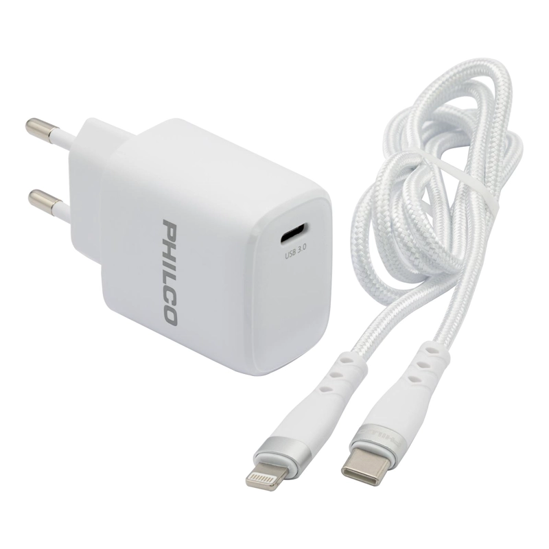 CARGADOR DE PARED QUALCOM PHILCO C/PUERTO TIPO C Y CABLE LIGHTNING - 1