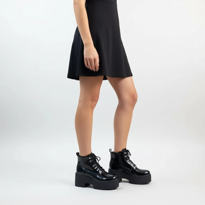 BOTIN CHAROL NEGRO CON PLATAFORMA Y CORDONES - 1