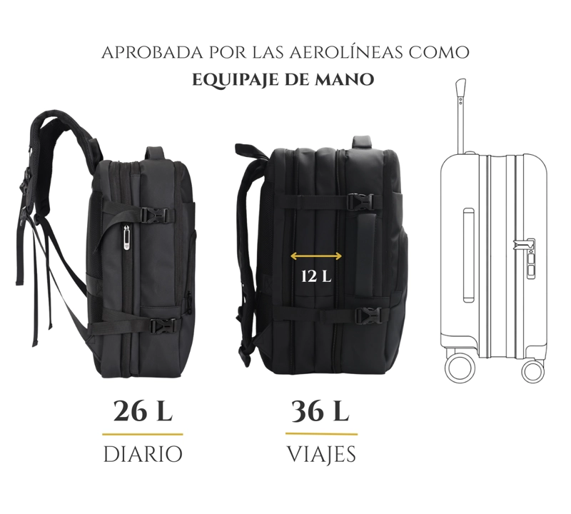 MOCHILA MALETA MOVAC CARRY ON DE VIAJE EXPANDIBLE 26L-36L IMPERMEABLE EQUIPAJE DE MANO - 5