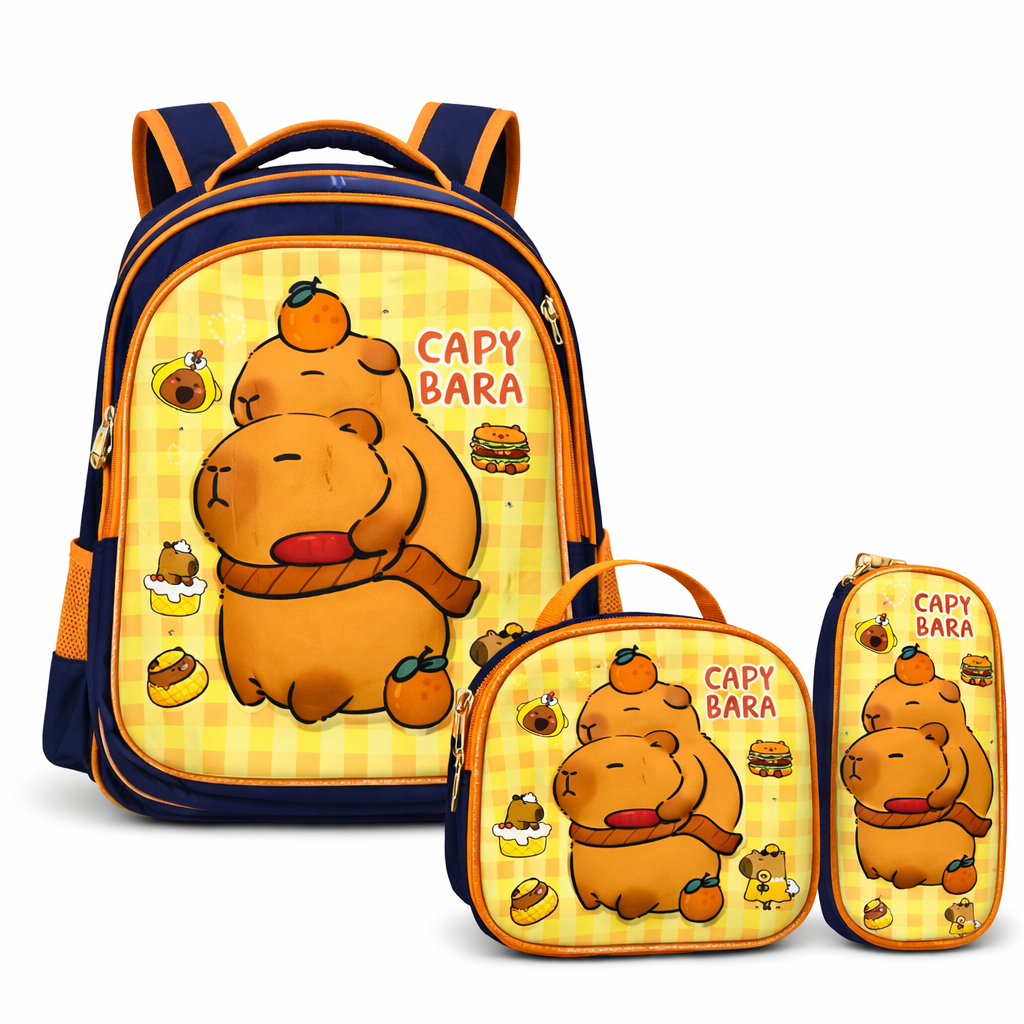 SET 3 PIEZAS MOCHILA INFANTIL ESCOLAR CAPIBARA CON LUCES + LONCHERA + ESTUCHE RESISTENTE Y COMODO - 1
