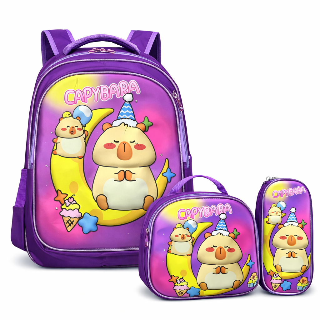 SET 3 PIEZAS MOCHILA INFANTIL ESCOLAR CAPIBARA CON LUCES + LONCHERA + ESTUCHE RESISTENTE Y COMODO - 1
