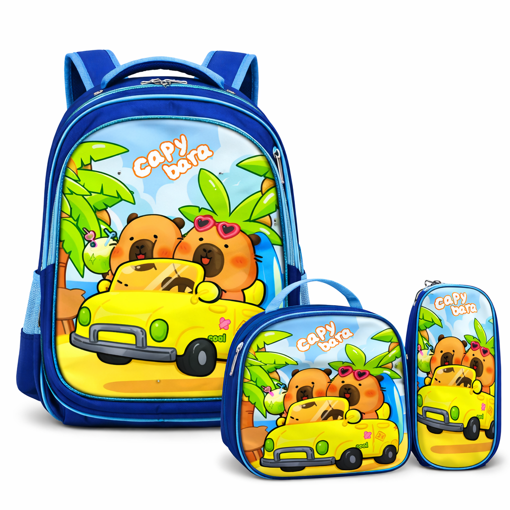 SET 3 PIEZAS MOCHILA INFANTIL ESCOLAR CAPIBARA CON LUCES + LONCHERA + ESTUCHE RESISTENTE Y COMODO - 1