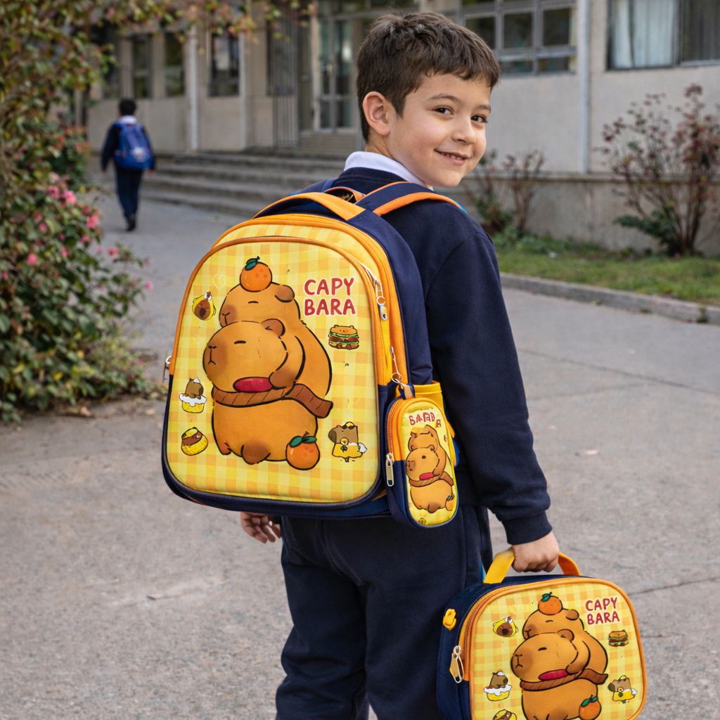 SET 3 PIEZAS MOCHILA INFANTIL ESCOLAR CAPIBARA CON LUCES + LONCHERA + ESTUCHE RESISTENTE Y COMODO - 2