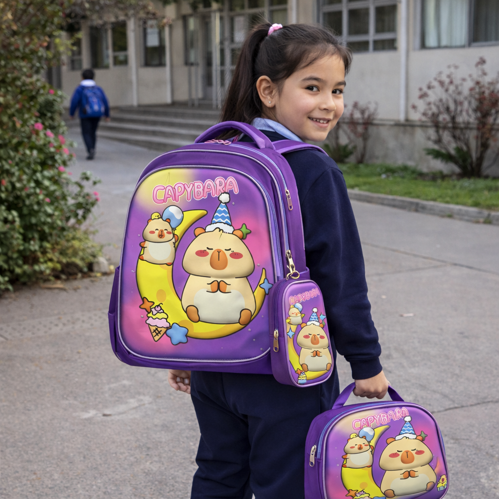 SET 3 PIEZAS MOCHILA INFANTIL ESCOLAR CAPIBARA CON LUCES + LONCHERA + ESTUCHE RESISTENTE Y COMODO - 2