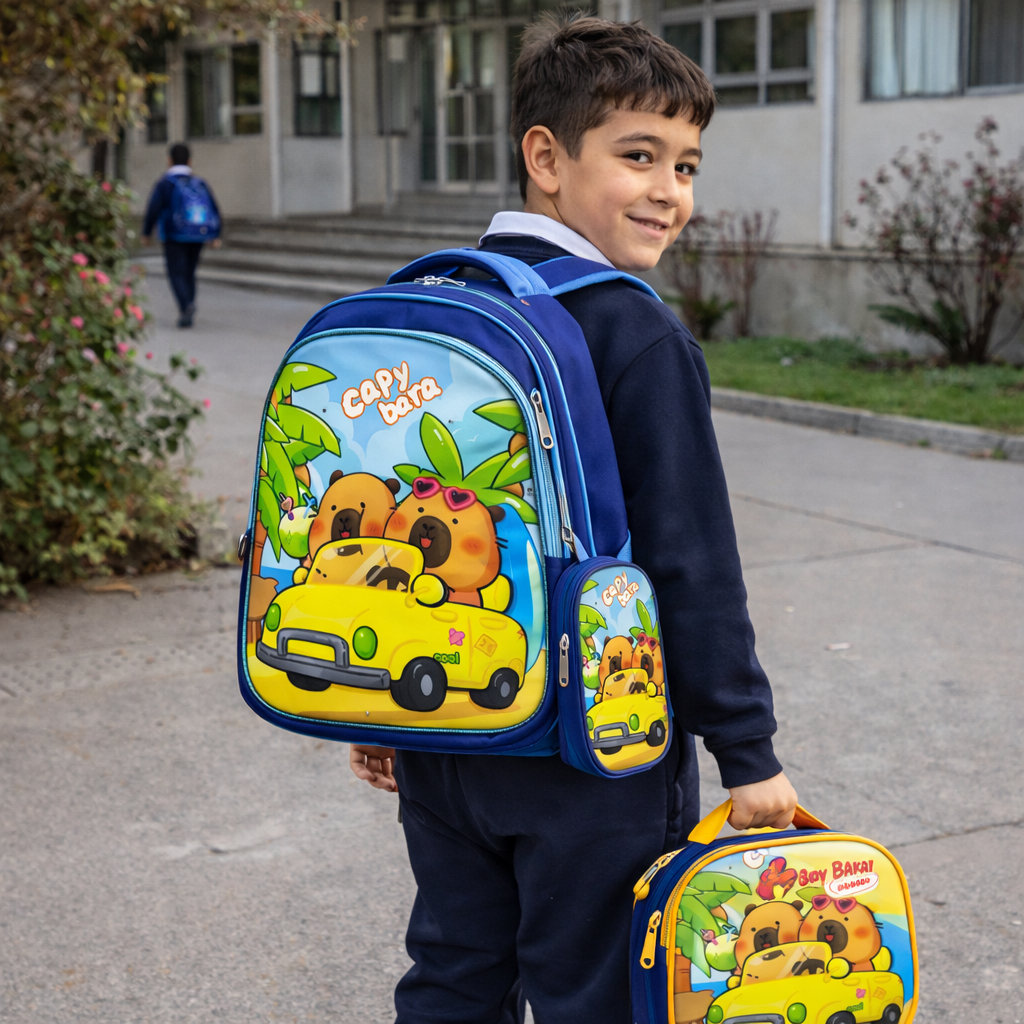 SET 3 PIEZAS MOCHILA INFANTIL ESCOLAR CAPIBARA CON LUCES + LONCHERA + ESTUCHE RESISTENTE Y COMODO - 2