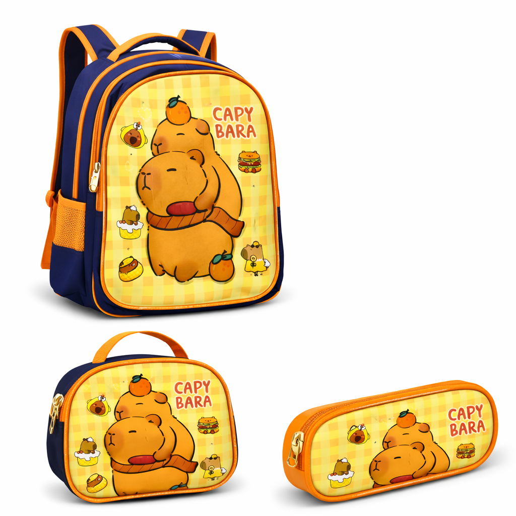 SET 3 PIEZAS MOCHILA INFANTIL ESCOLAR CAPIBARA CON LUCES + LONCHERA + ESTUCHE RESISTENTE Y COMODO - 3