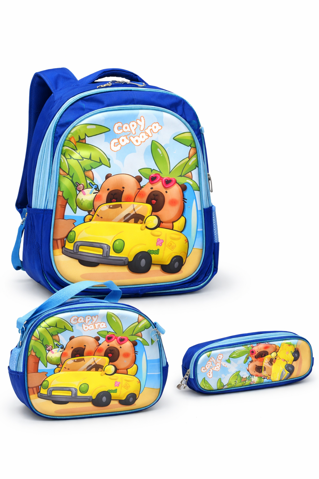 SET 3 PIEZAS MOCHILA INFANTIL ESCOLAR CAPIBARA CON LUCES + LONCHERA + ESTUCHE RESISTENTE Y COMODO - 3