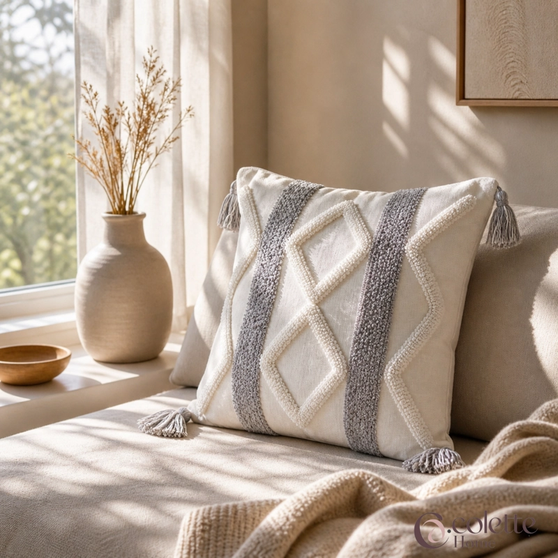 FUNDA DE COJIN BOHO GEO GRIS 45 X 45 - 4