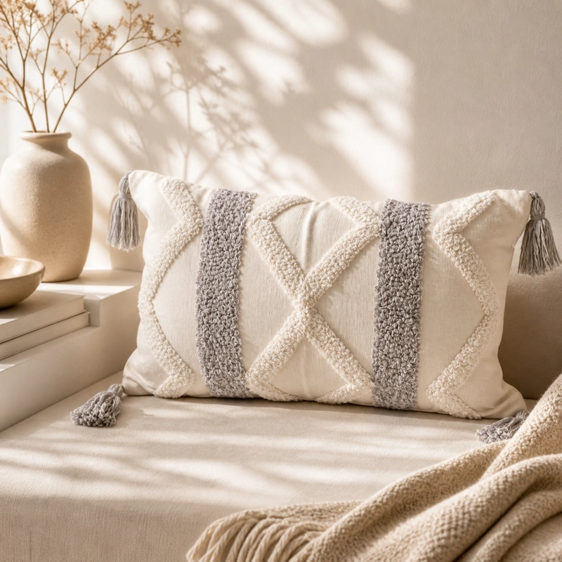 FUNDA DE COJIN BOHO GEO GRIS RECTANGULAR 30 X 50 - 1