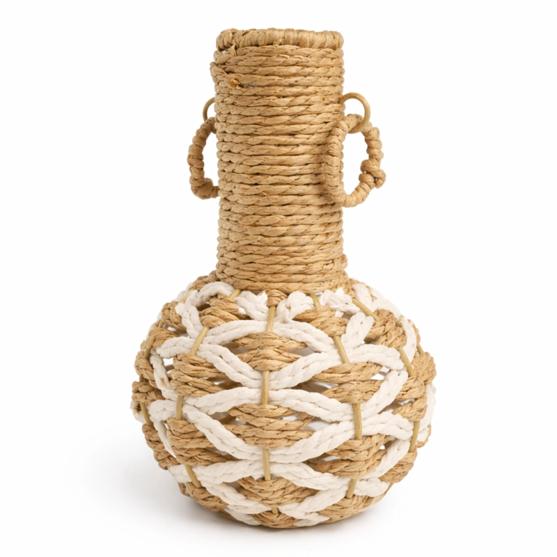 FLORERO JARRON DECORATIVO TEJIDO BOHO NATURAL BLANCO - 1