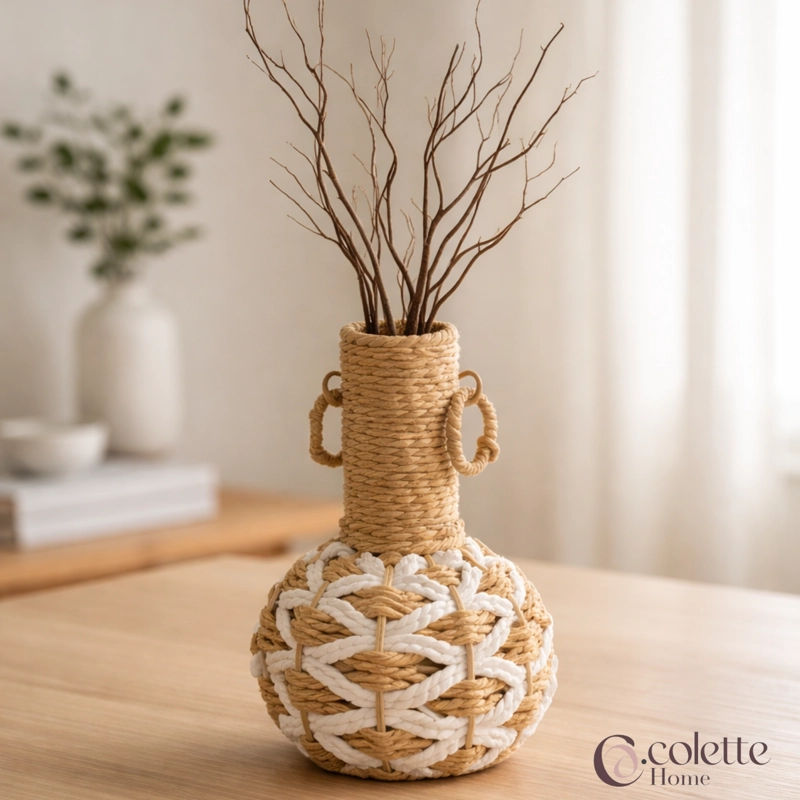 FLORERO JARRON DECORATIVO TEJIDO BOHO NATURAL BLANCO - 2