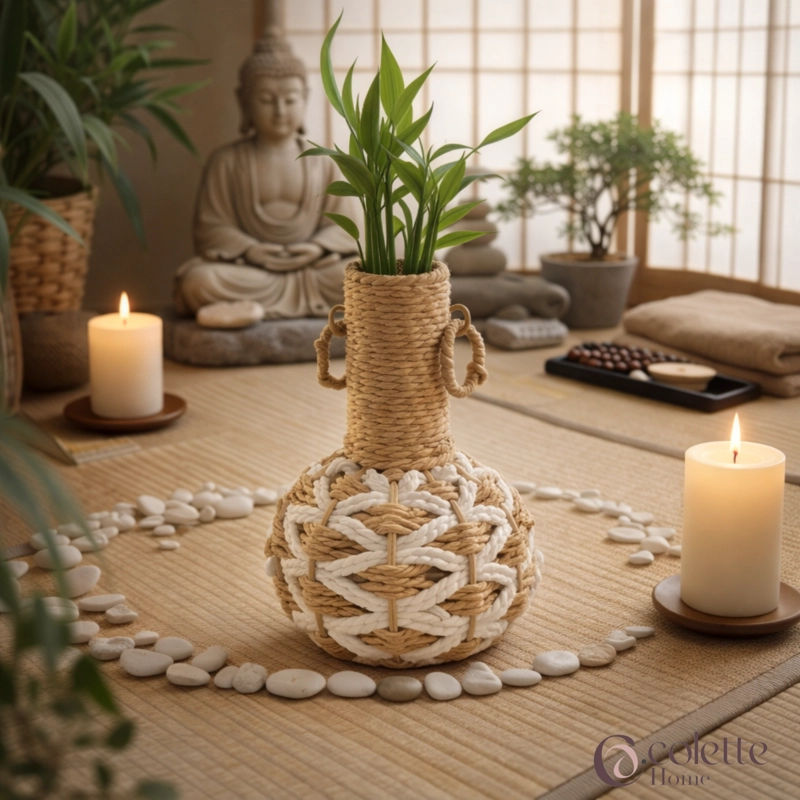 FLORERO JARRON DECORATIVO TEJIDO BOHO NATURAL BLANCO - 3