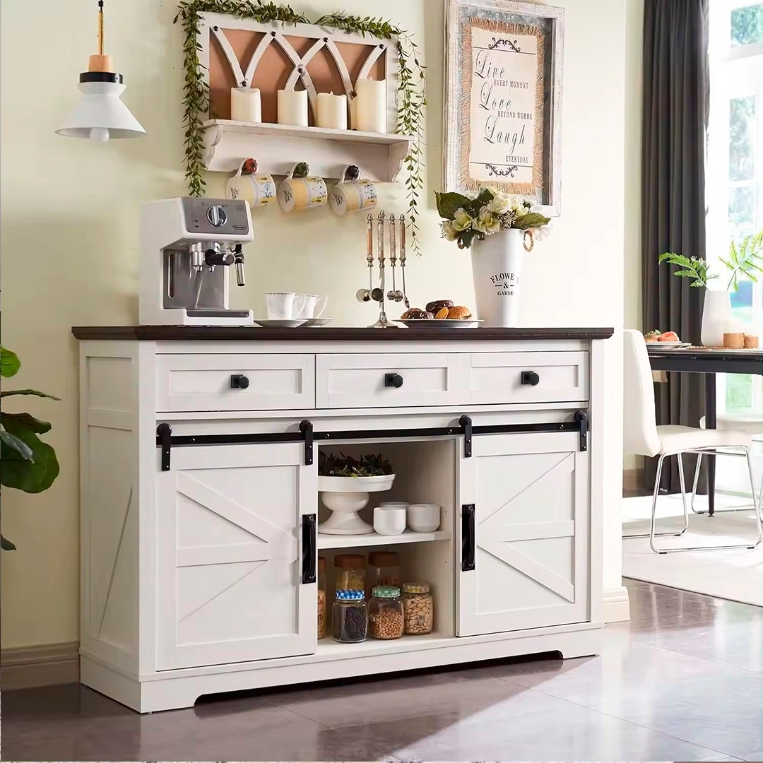 MUEBLE LIVING BUFFET APARADOR BLANCO CON CAJONES Y PUERTAS CORREDERAS - 1