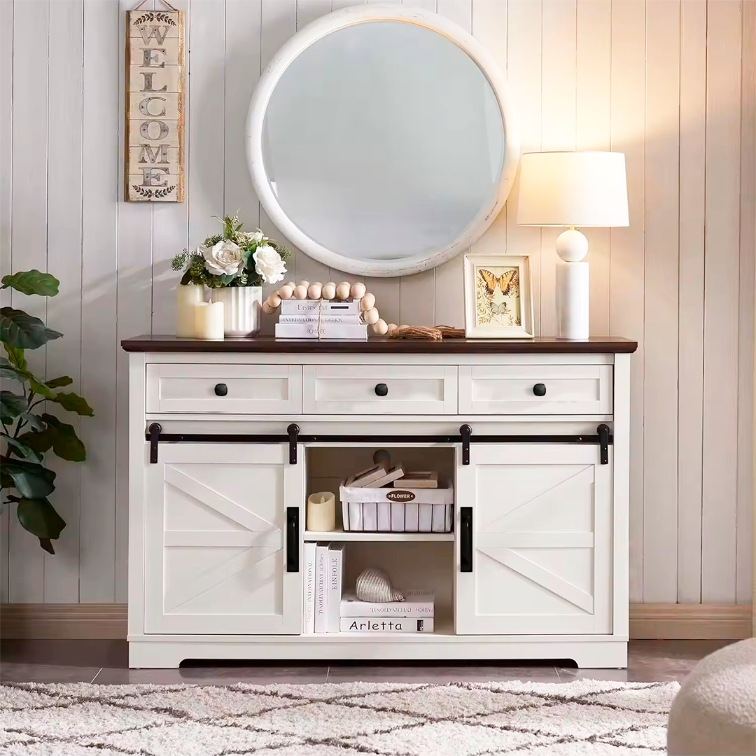 MUEBLE LIVING BUFFET APARADOR BLANCO CON CAJONES Y PUERTAS CORREDERAS - 2