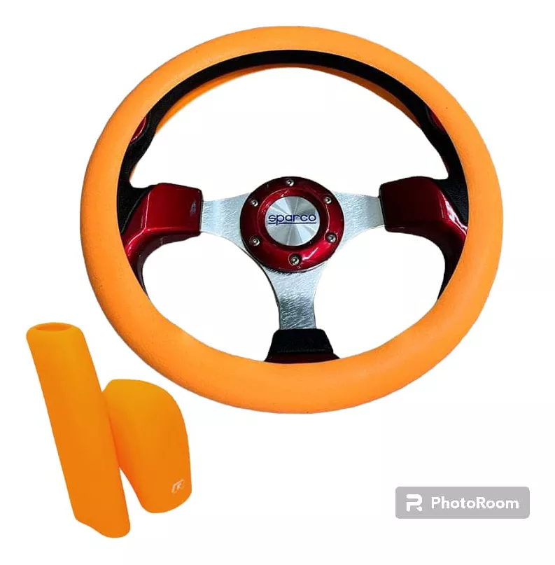 SET 3 PIEZAS FUNDA CUBRE VOLANTE PERILLA CAMBIOS NARANJA - 2
