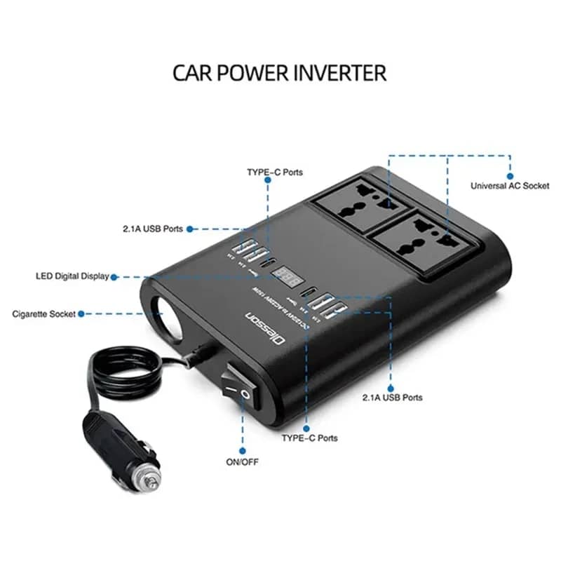 INVERSOR DE CORRIENTE PARA AUTOS DE 12V A 220V ENCENDEDOR CON 4 PUERTOS USB + TIPO C - 3