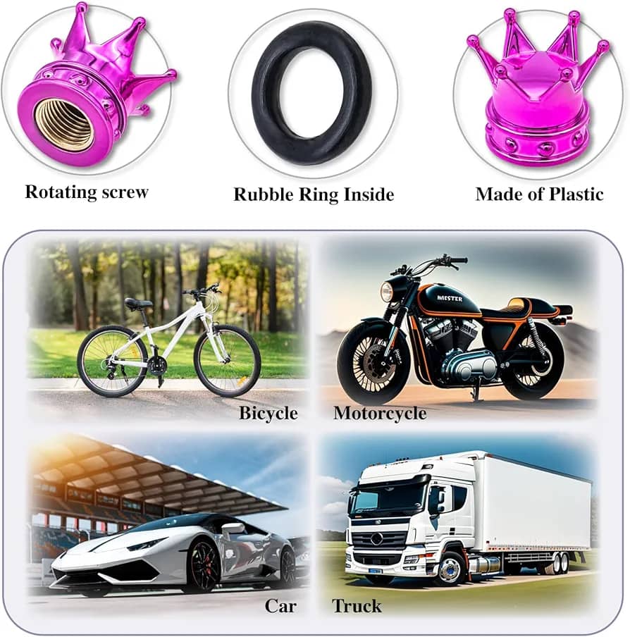 SET 4 TAPAS DE VÁLVULAS UNIVERSAL TUNNING PARA AUTOS, MOTOS Y BICICLETAS DISEÑO CORONA  COLOR MORADO - 2