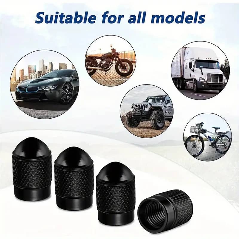 SET 4 TAPAS DE VÁLVULAS UNIVERSAL TUNNING PARA AUTOS, MOTOS Y BICICLETAS MODELO BALITA COLOR NEGRO - 1