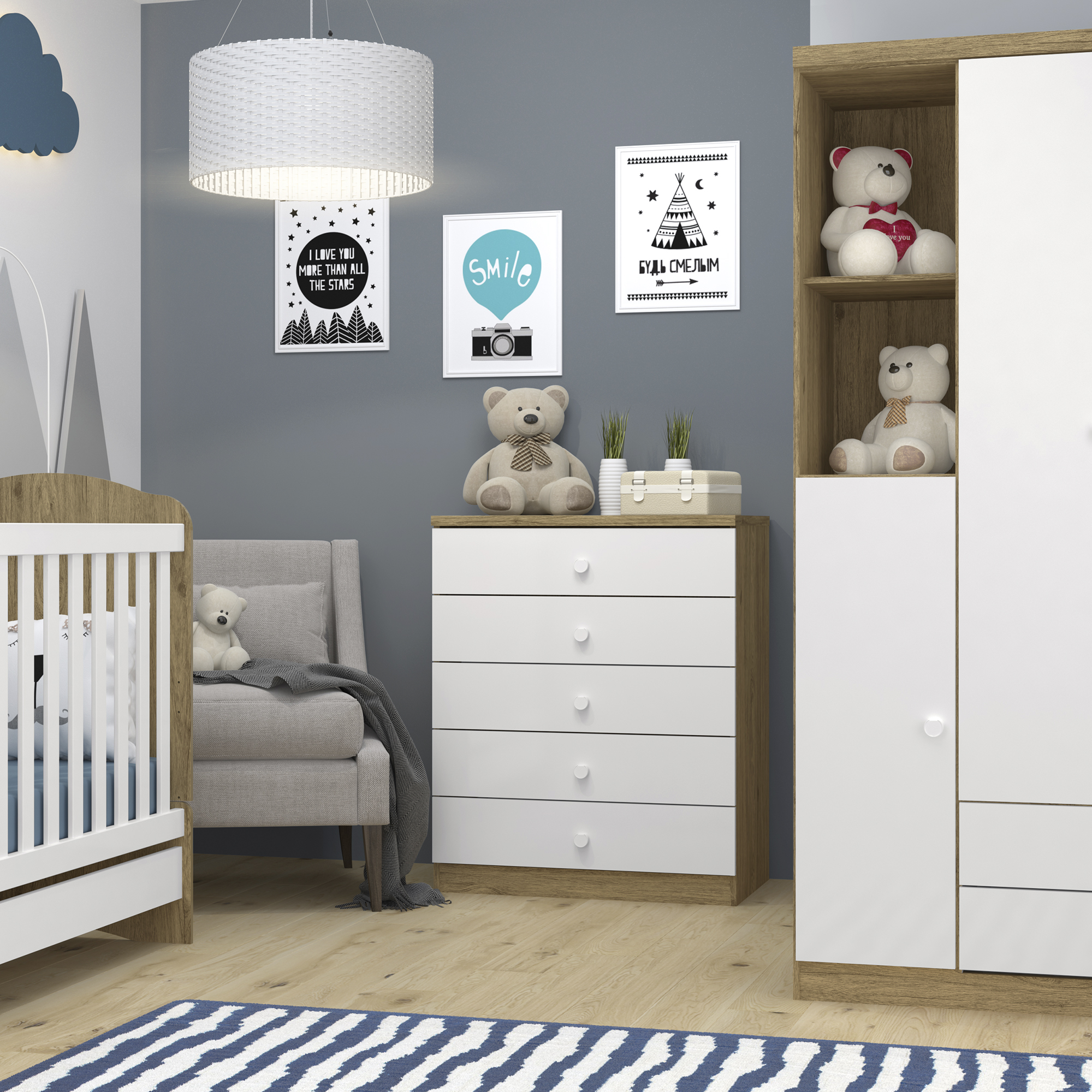 CÓMODA HOME MOBILI MDP 5 CAJONES BLANCO BALA MENTA - 4
