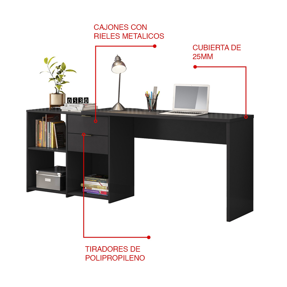 ESCRITORIO 2 CAJONES LOURDES NEGRO - 2