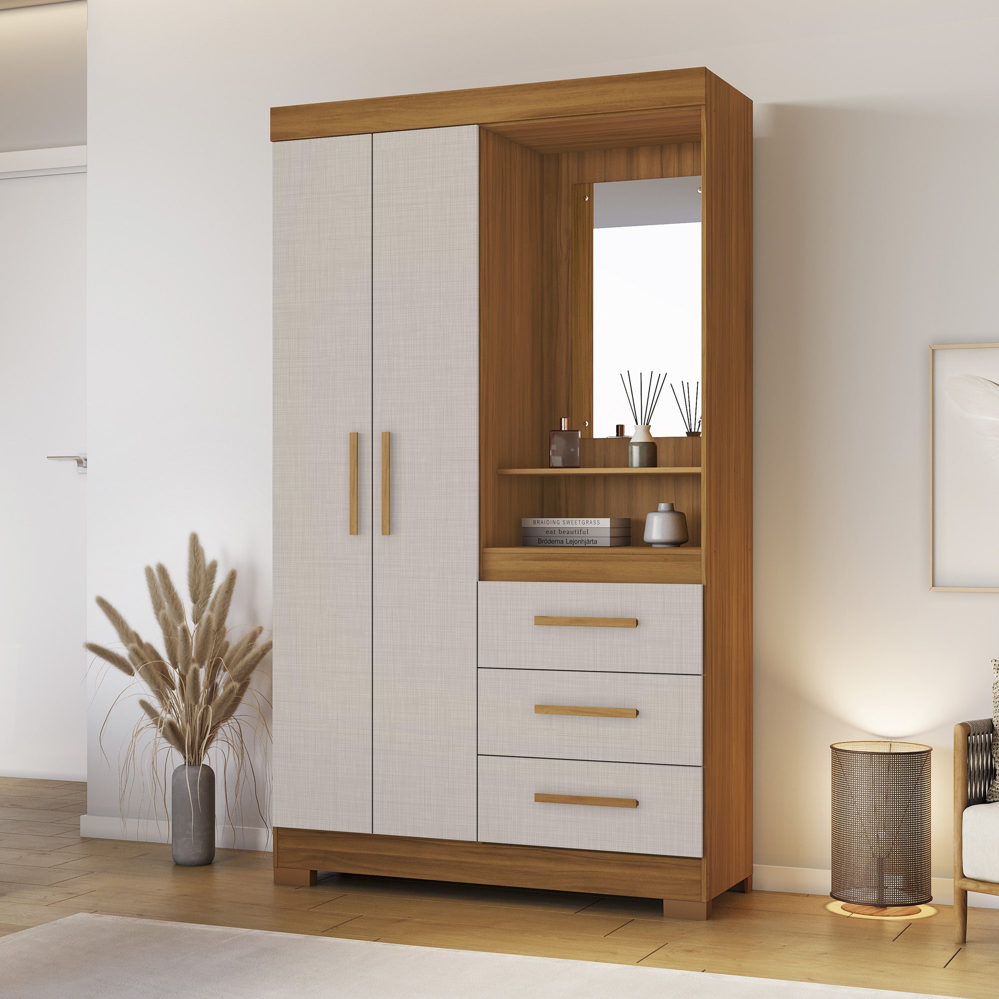 CLOSET HOME MOBILI 2 PUERTAS 3 CAJONES NT 6020 OSLO BLANCO OW/NOGAL - 5