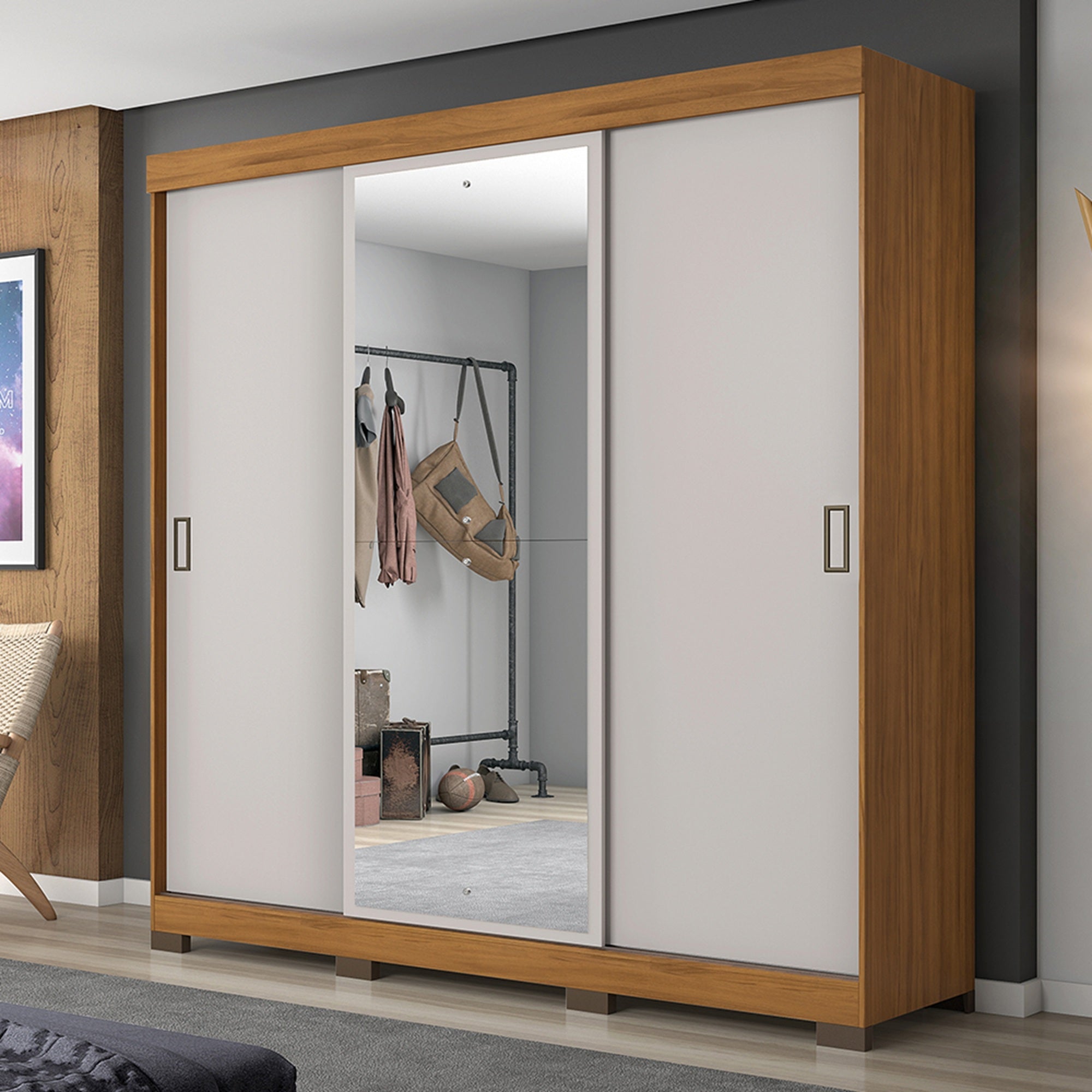CLOSET HOME MOBILI 3 PUERTAS CORREDERAS 4 CAJONES CON ESPEJO NT 5020 NIAGARA BLANCO OW/NOGAL - 2