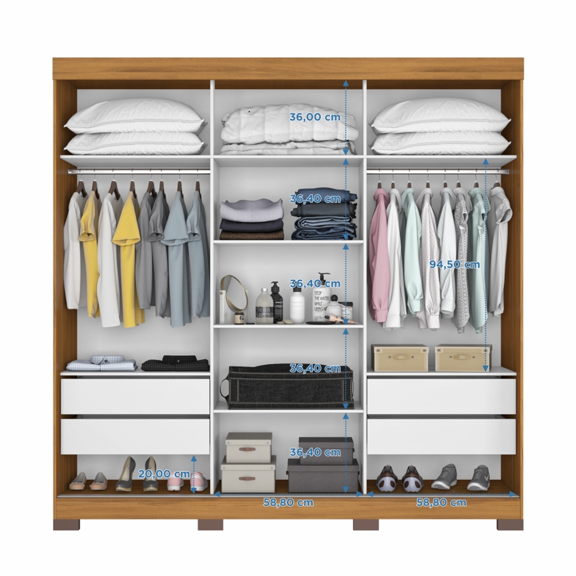 CLOSET HOME MOBILI 3 PUERTAS CORREDERAS 4 CAJONES CON ESPEJO NT 5020 NIAGARA BLANCO OW/NOGAL - 5
