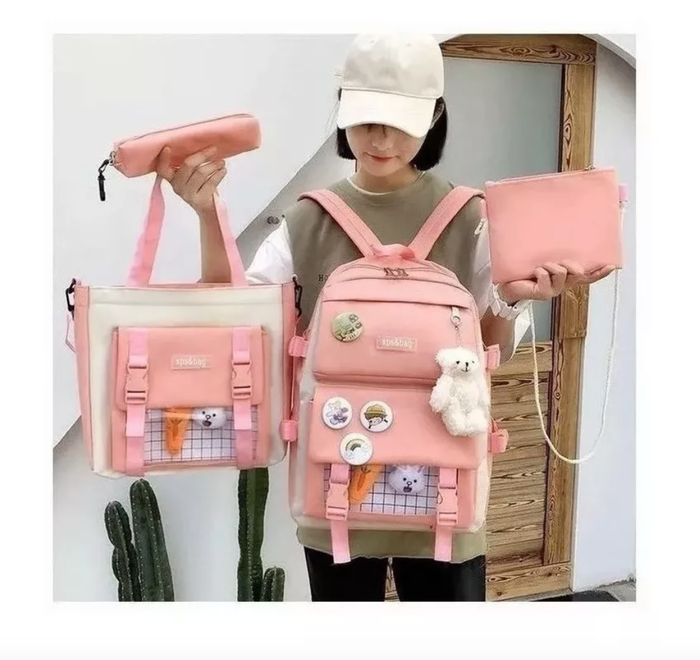 MOCHILA ESCOLAR VIAJE ESTILO COREANO 5 PIEZAS KIT - 4