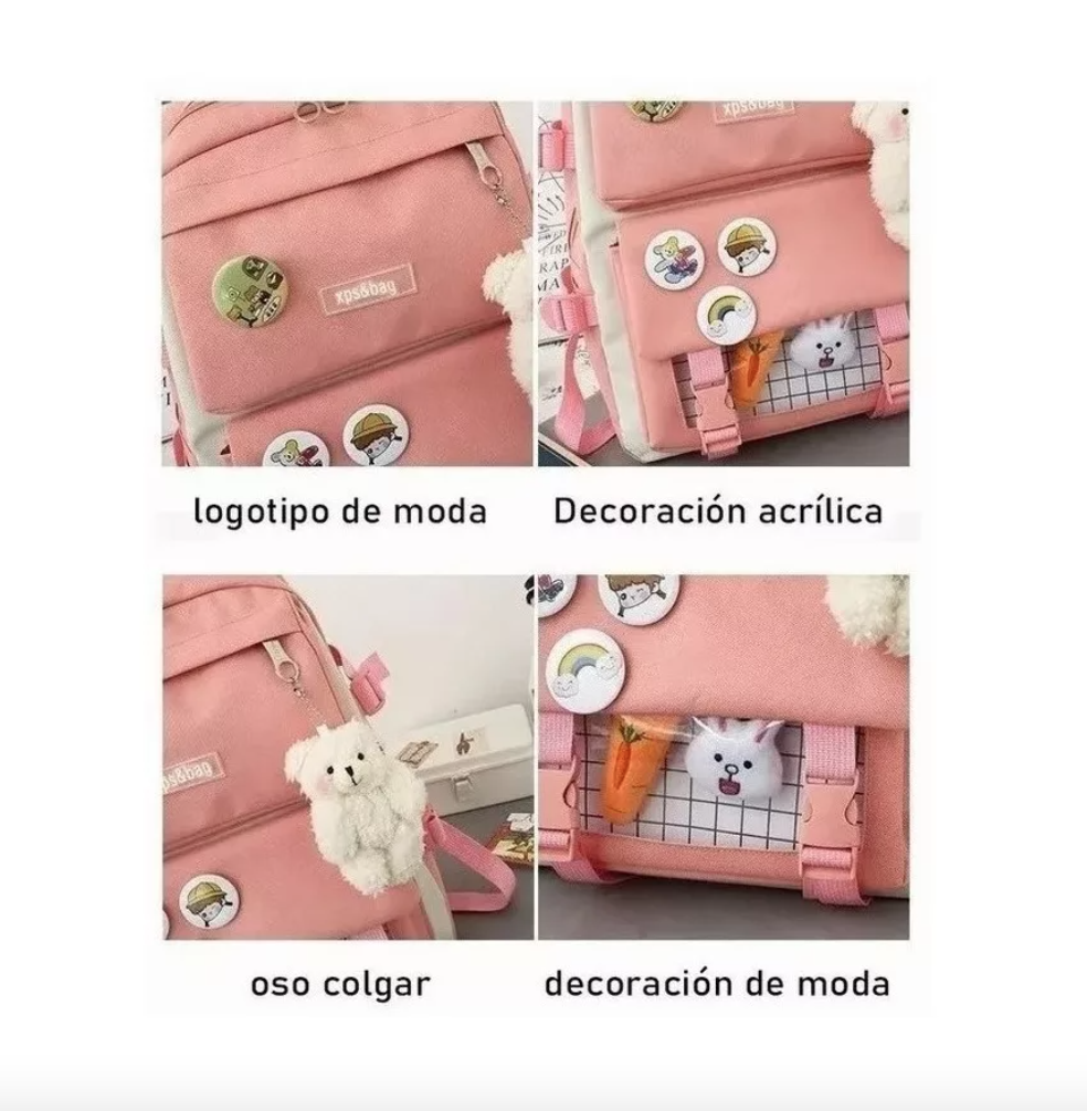 MOCHILA ESCOLAR VIAJE ESTILO COREANO 5 PIEZAS KIT - 6